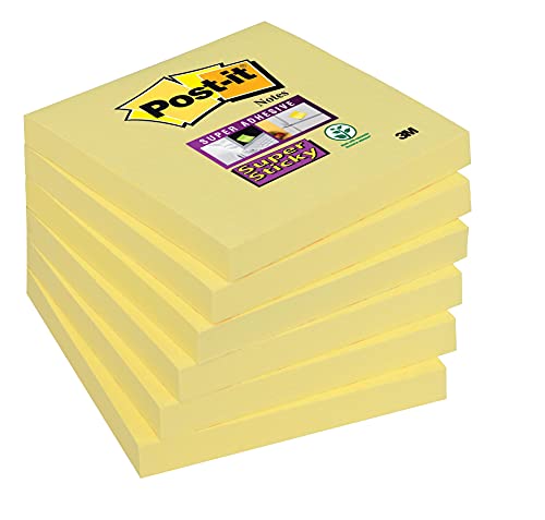 Post-it Foglietti Super Sticky Canary Yellow, Confezione da 6 blocchetti, 90 Fogli per blocco, 76 mm x 76 mm, Colore Giallo, Foglietti Adesivi per Appunti, Elenchi & Promemoria