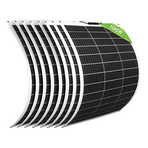 ECO-WORTHY Pannello Solare Monocristallino Flessibile con Cavo Solare, Modulo Fotovoltaico Impermeabile, 1040 W, 12 V (8 pezzi da 130 W), Impermeabile, per Roulotte, Tetto e Superfici Non Piatte